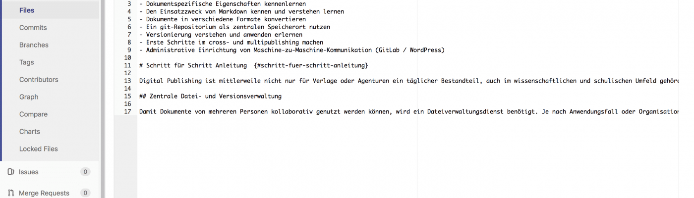 Screenshot der GitLab Project Startseite mit Erklärpfeilen der einzelnen Funktionen von GitLab und des Repository.