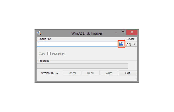 Win32 Disk Imager Übersicht mit roter Markierung auf dem Öffnen-Symbol. Hier mit wird die Raspbian Image