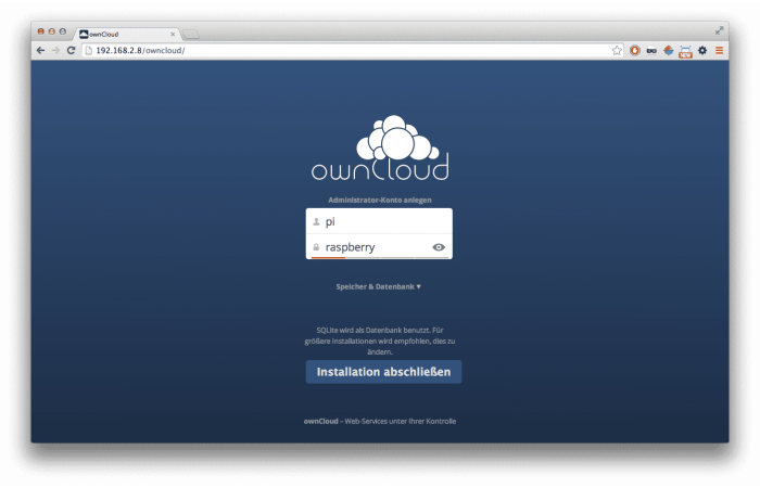 Das Bild zeigt den Startbildschirm der OwnCloud Installation mit dem nötigen dependency check.